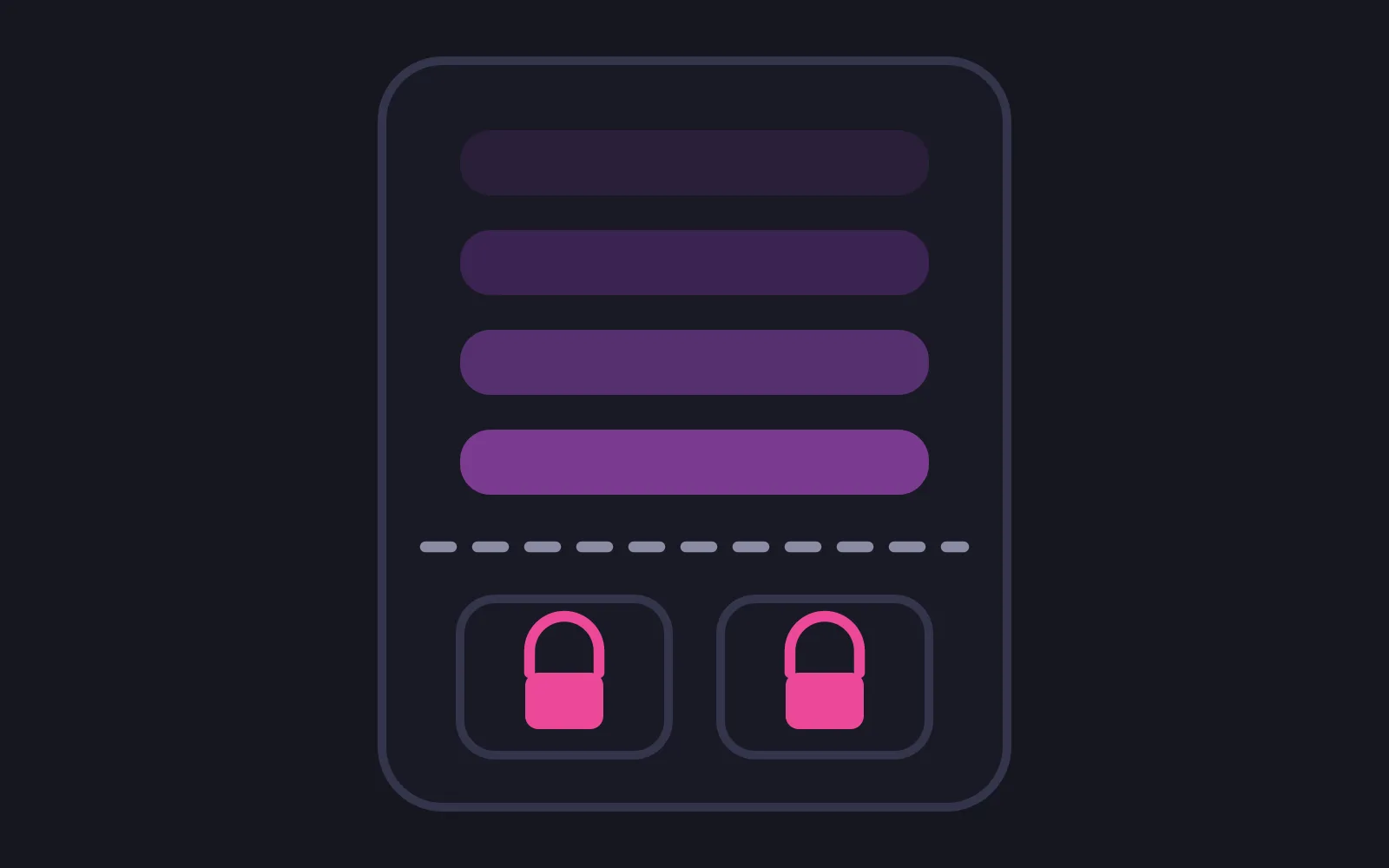 A phone holding four filled option rows above a dashed line and two closed padlocks below it, the padlocks in the deepest colour