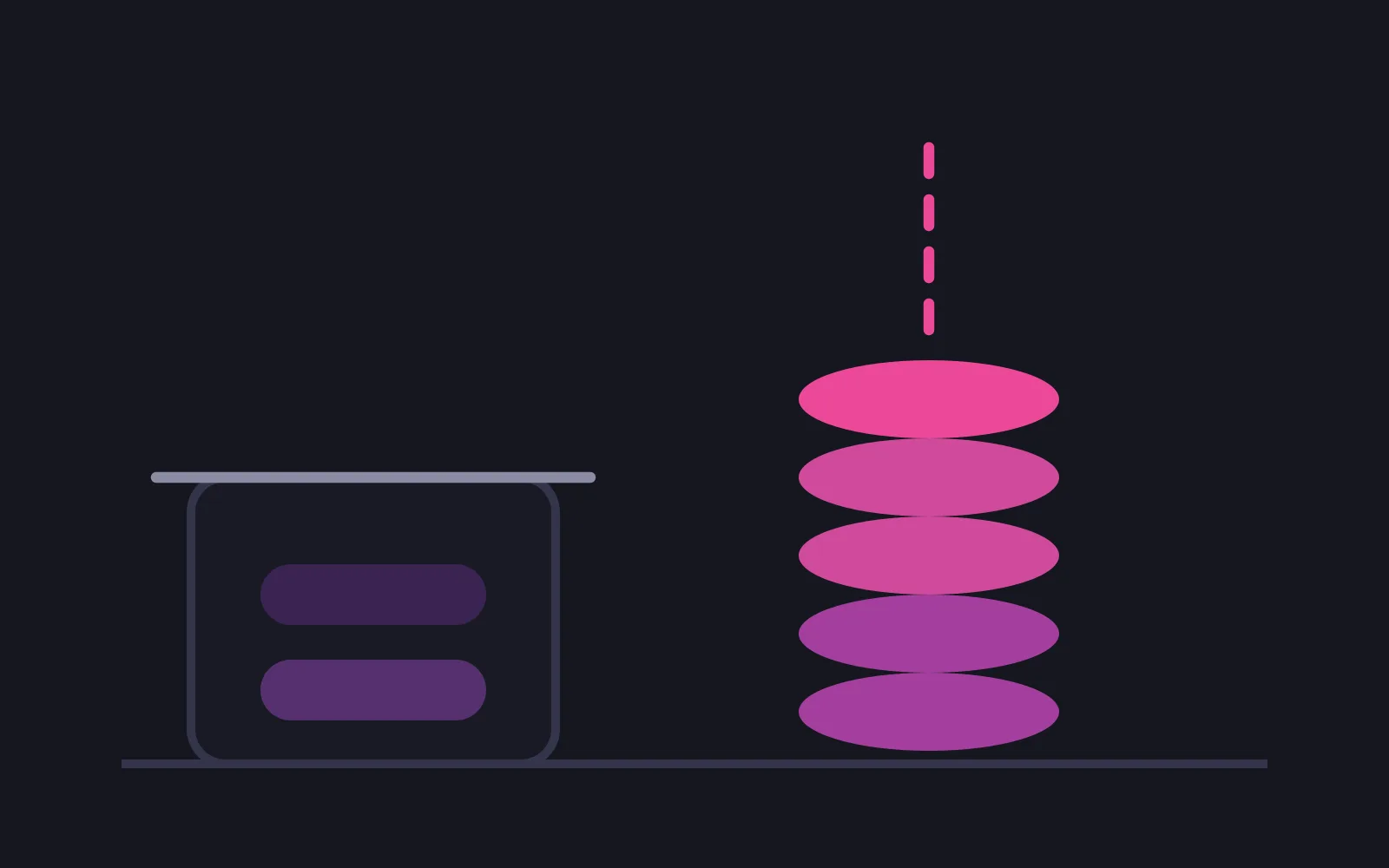 A flat-topped card beside a stack of coins in the deepest colour, the coins climbing past the top of the card with a dashed line continuing upward