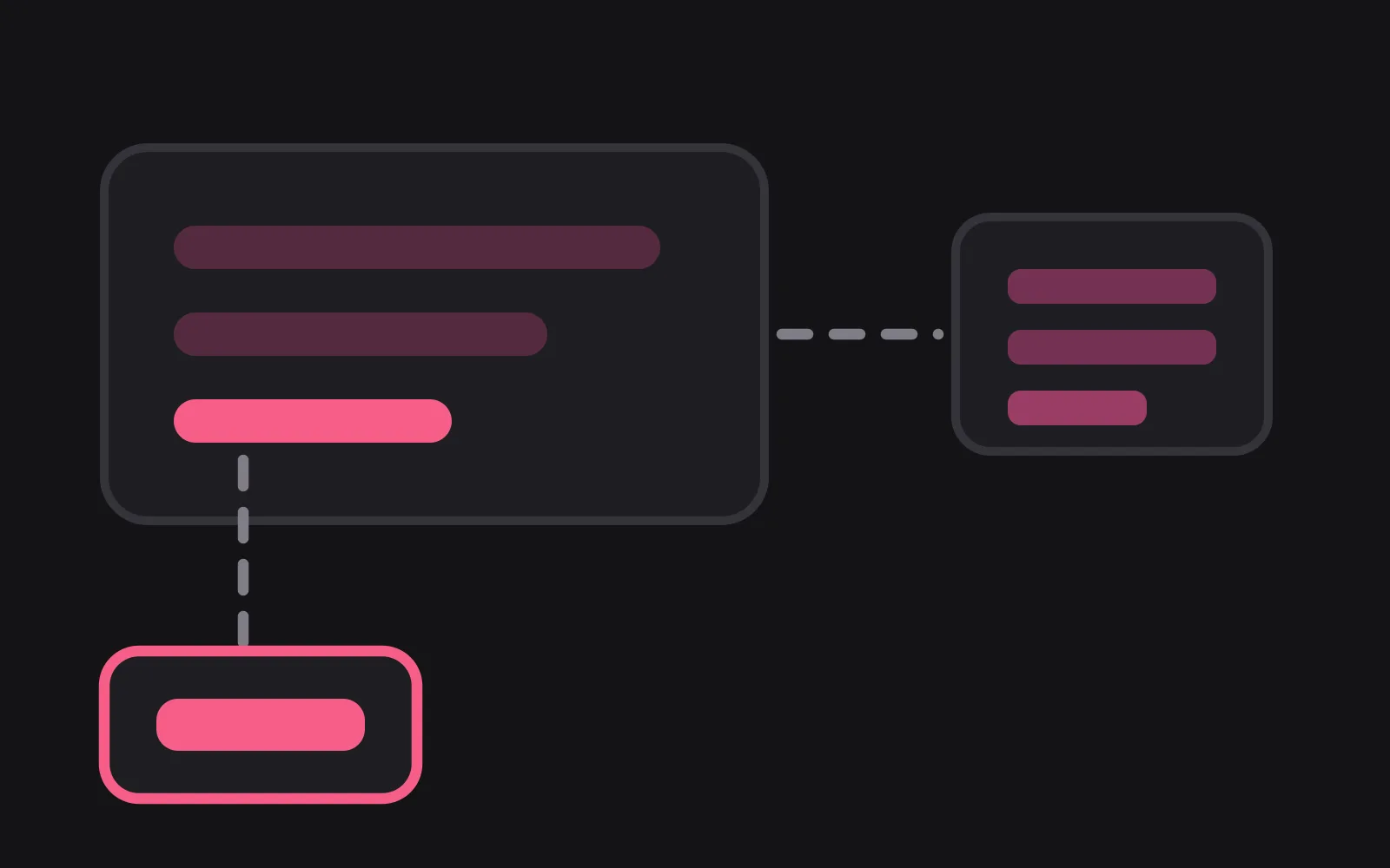 A chat bubble holding three tiles, one of them in the deepest colour linked by a dashed path back to a separate card outside the bubble, with another dashed path leading on to a server box