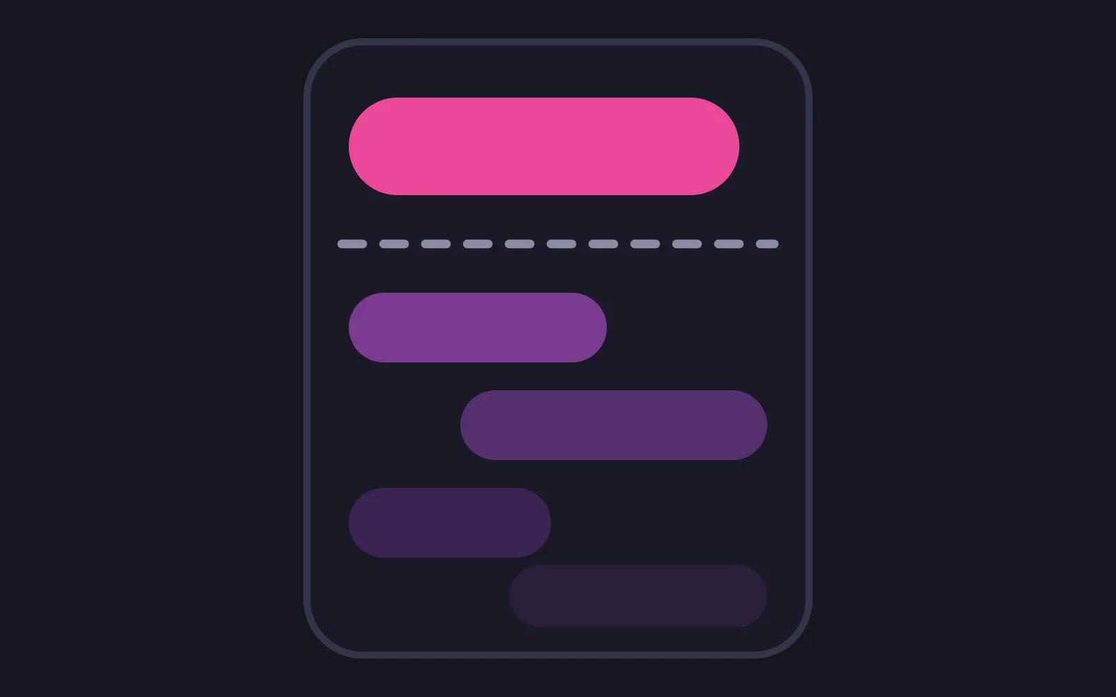 A phone frame with one wide bubble in the deepest colour at the top, a dashed line beneath it, and four paler bubbles of different widths below it alternating sides