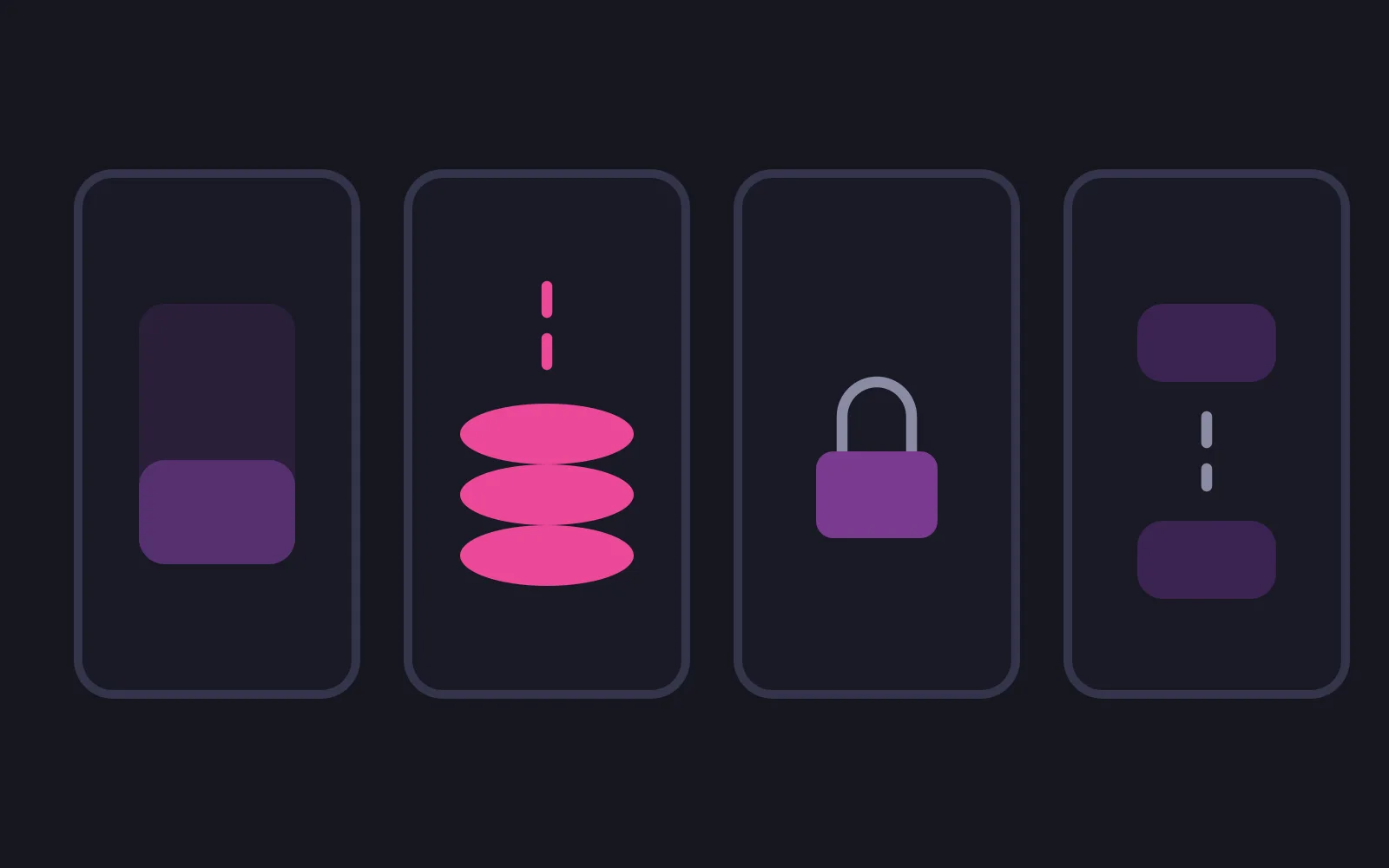 Four upright panels on a surface, the first holding a part-filled bar, the second a stack of coins in the deepest colour, the third a locked card, the fourth a bar broken by a gap