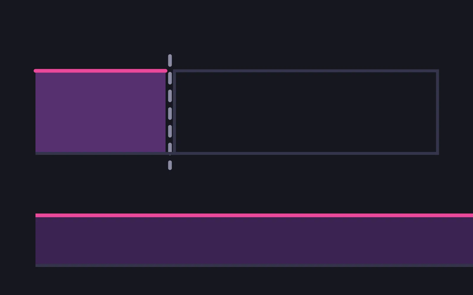 Two horizontal bars on a shared baseline — a tall one that stops at a dashed line a third of the way across, and a low one that runs the full width, each capped by a line in the deepest colour