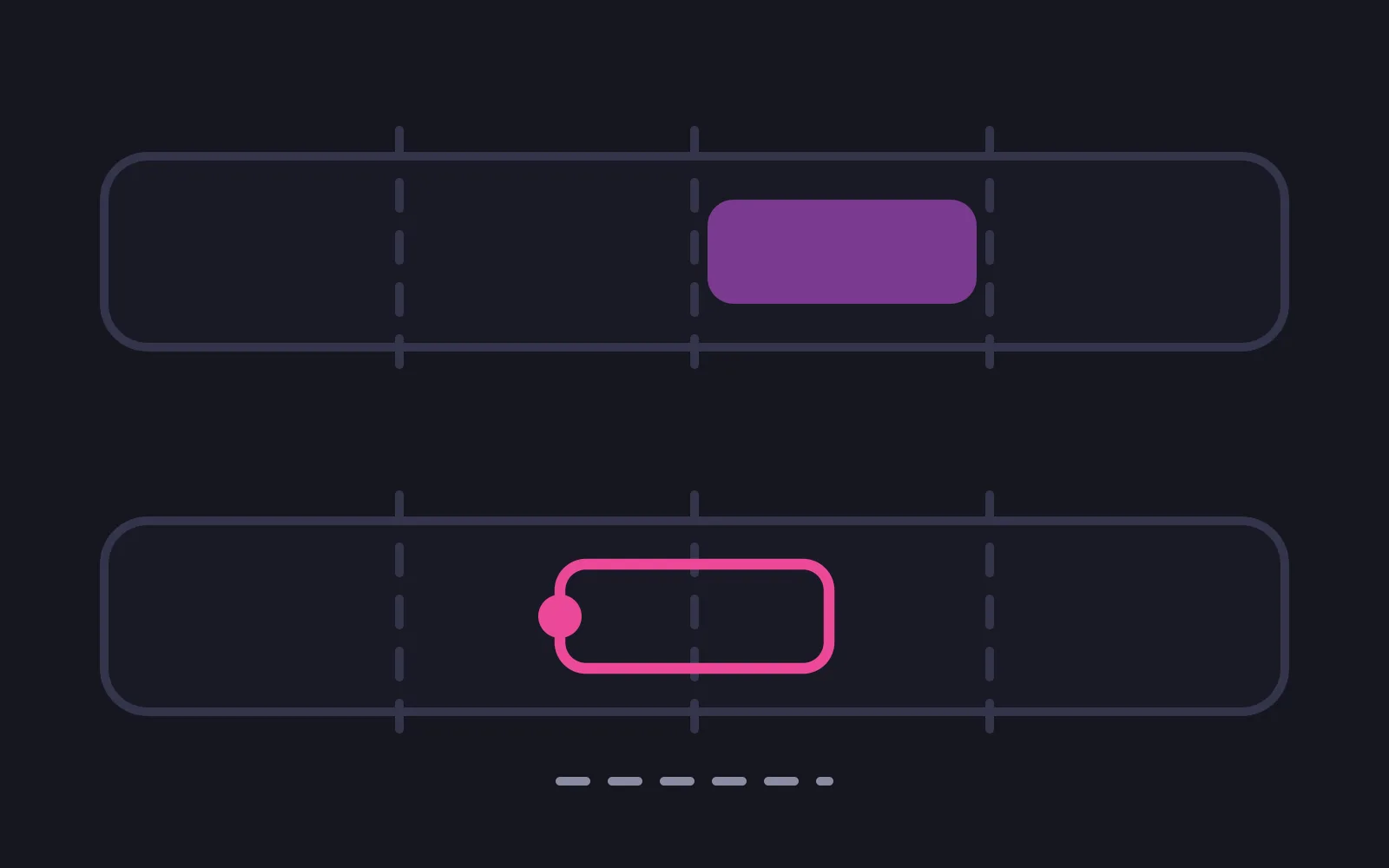 Two rails crossed by faint evenly spaced dividers, the upper one with a filled block sitting neatly between two dividers, the lower one with an outlined window in the deepest colour straddling them off-grid