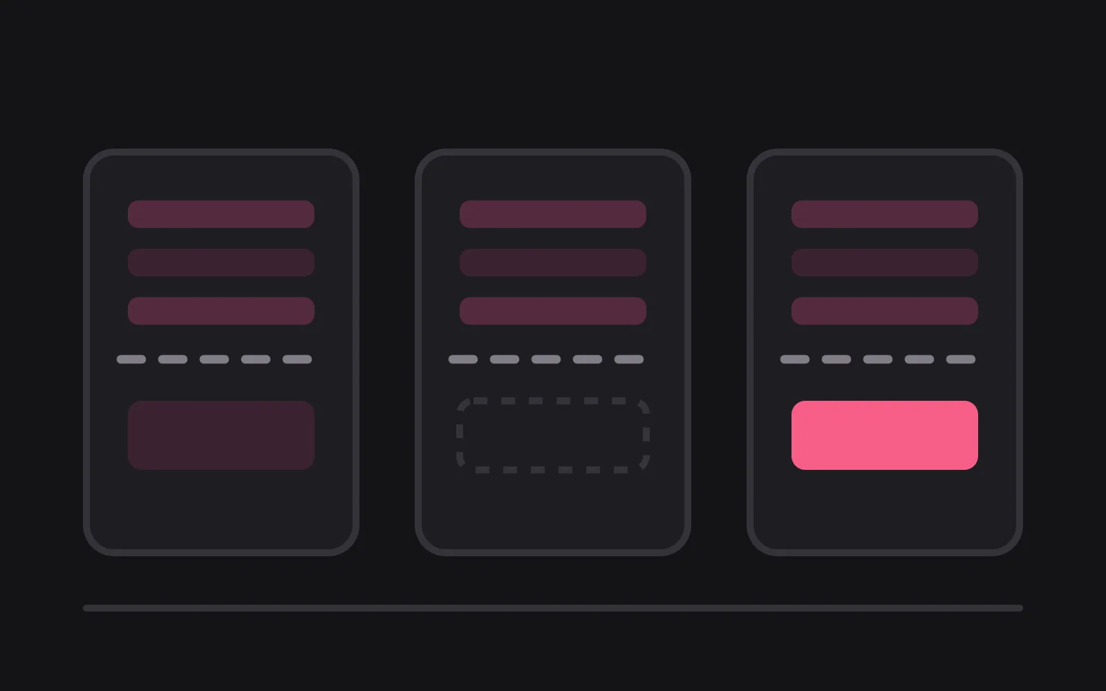 Three app cards side by side with identical feature rows above a dashed line, and a different block below it on each, the third picked out in the deepest colour