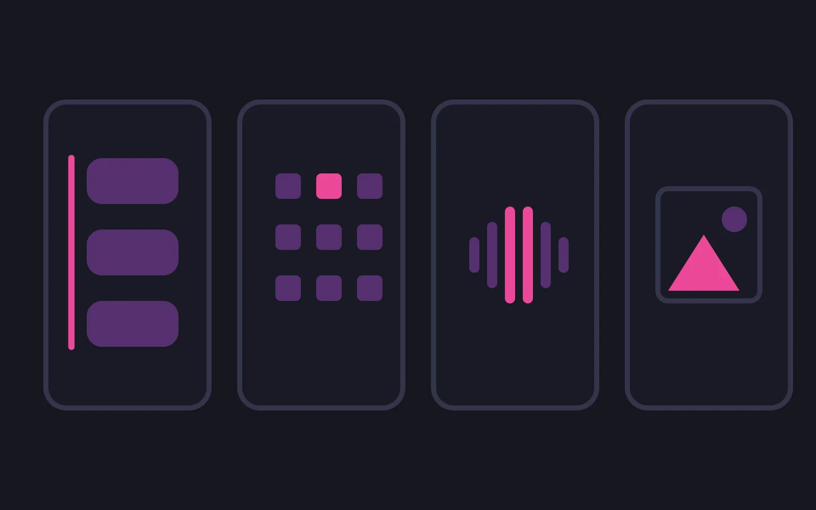 Four app cards side by side, each with a different element picked out in the deepest colour — a continuous line, one tile in a grid, the centre of a waveform, a shape inside a frame