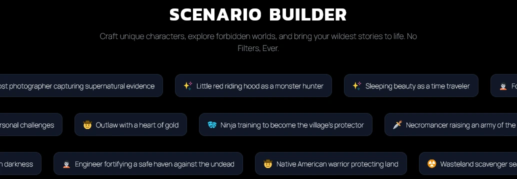 Luvr AI Scenario Builder page with rows of ready-made story prompts, such as an outlaw with a heart of gold and a ninja in training