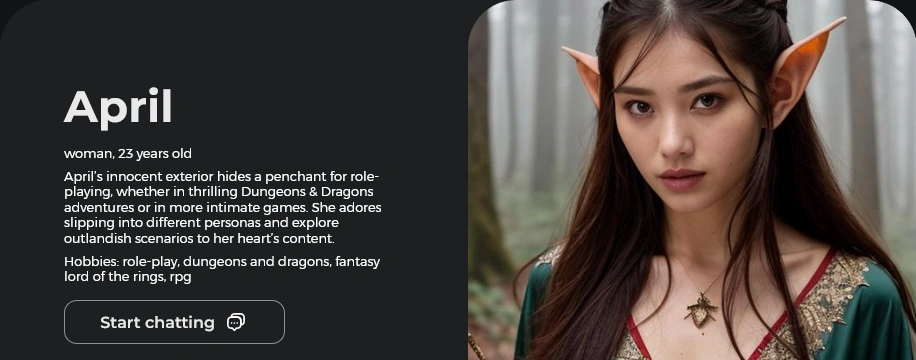 A character profile for April, 23, with a short role-play themed bio, a hobbies line and a Start chatting button