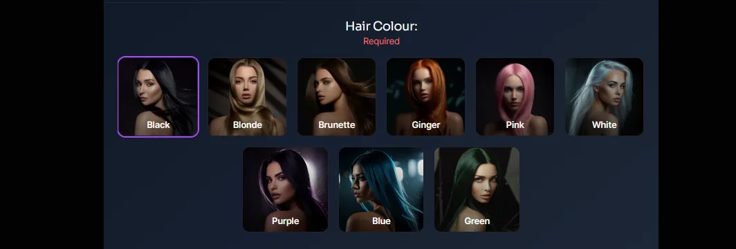 A required hair color step in the companion builder, with nine options from Black to Green and Black selected